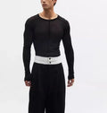 Black mesh see-through texture slim-fit long sleeve pullover with round collar
