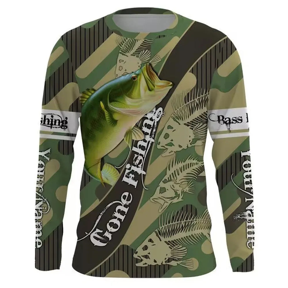 Men's grey round neck pullover top with a fish pattern print on the front.