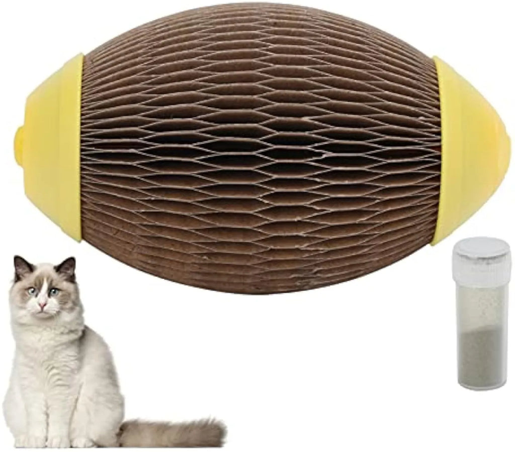 Ellipse-shaped corrugated paper catnip ball toy for scratching and chasing.