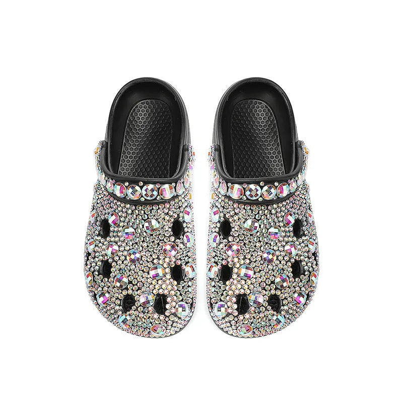 Black women's platform sandals with rhinestone details and hole design on EVA material