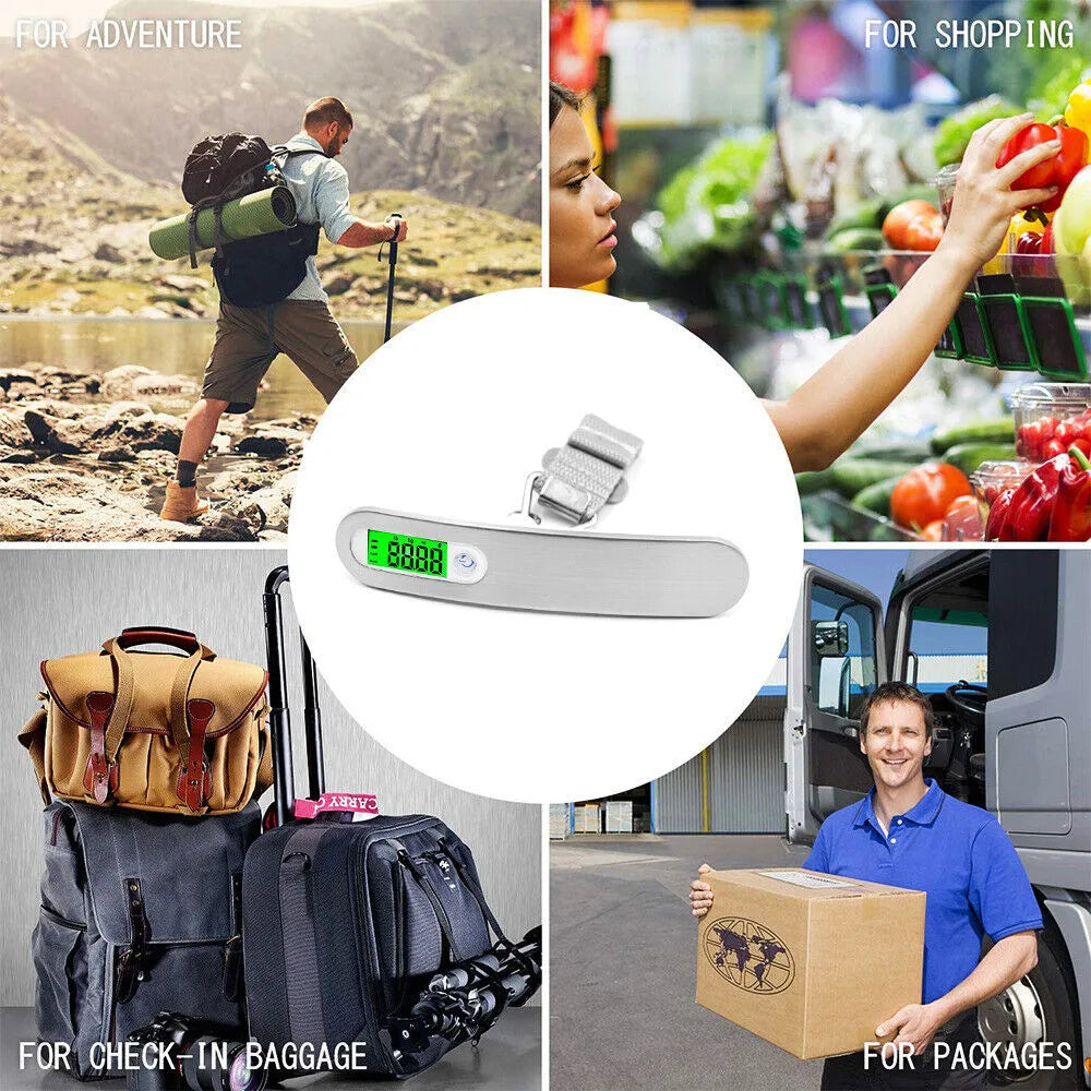 Portable silver LCD digital luggage scale with belt and backlit display showing weight in kg
