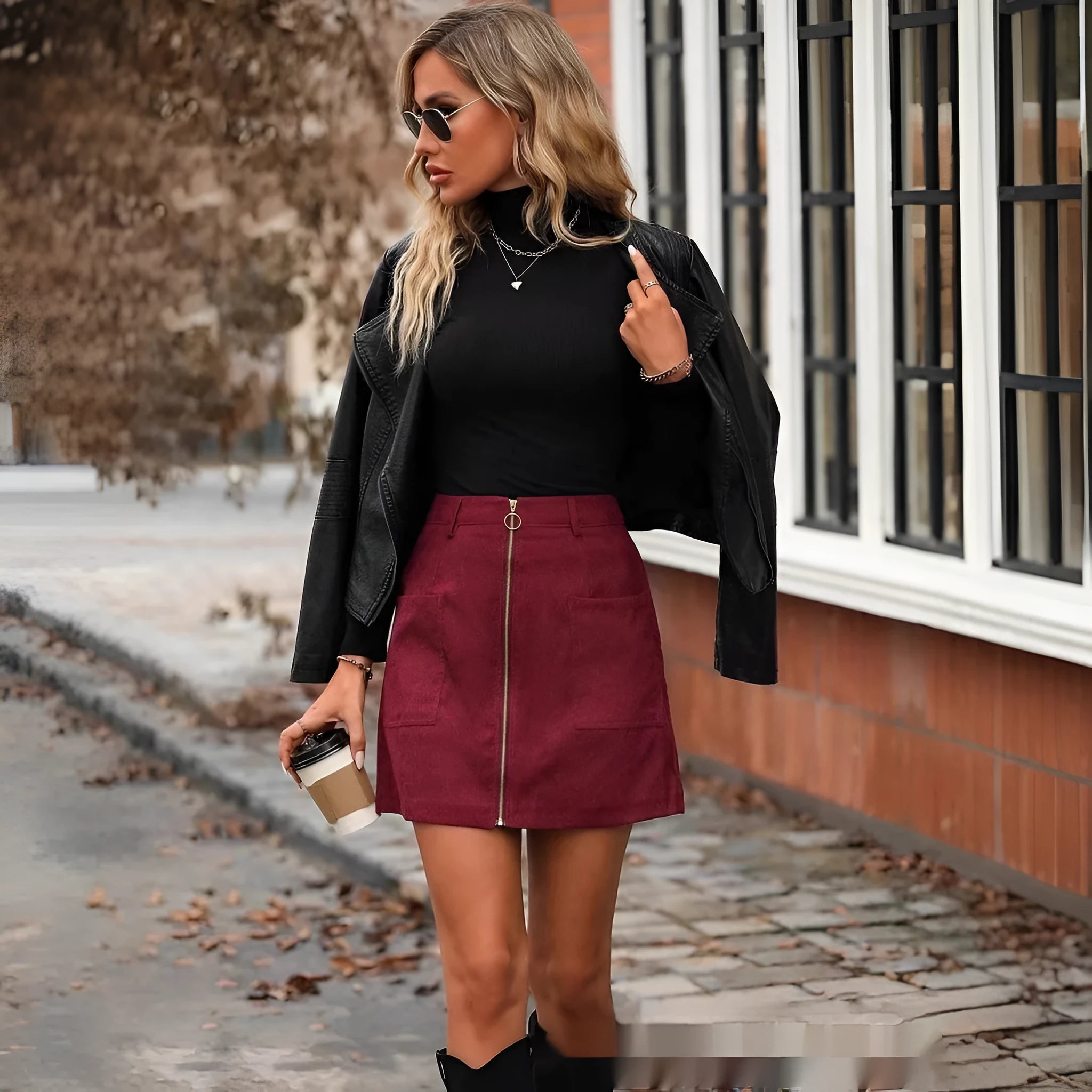 Women's high waist short skirt in black with contrast stitching and side zipper, shown on a model.