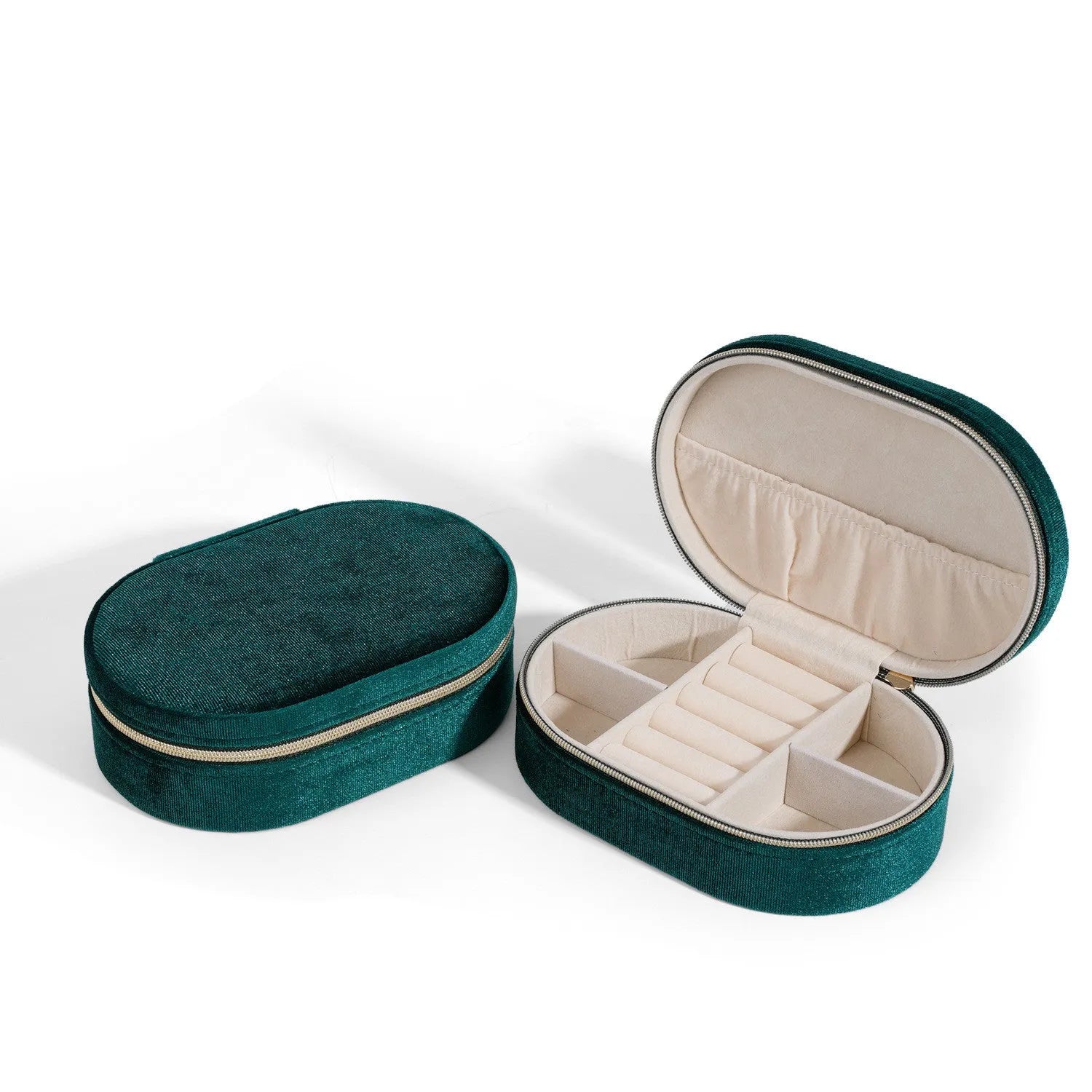 Oval shaped velvet jewellery storage box in multiple colours with flannel interior, measuring 15 by 10 by 5 cm.