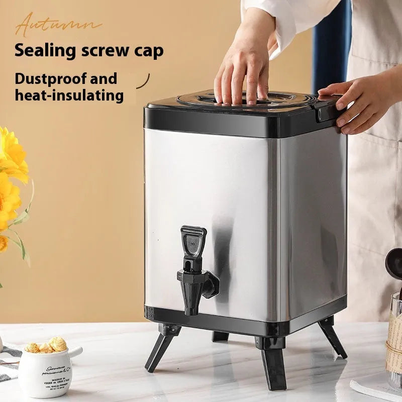 Silver stainless steel 8 litre milk tea bucket with square lock lid for commercial catering