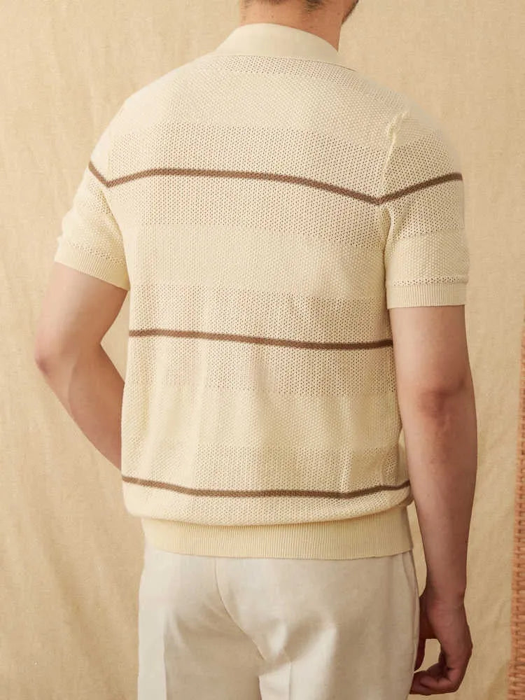 Men's camel coloured lapel collar cardigan with short sleeves made from cotton linen blend fabric