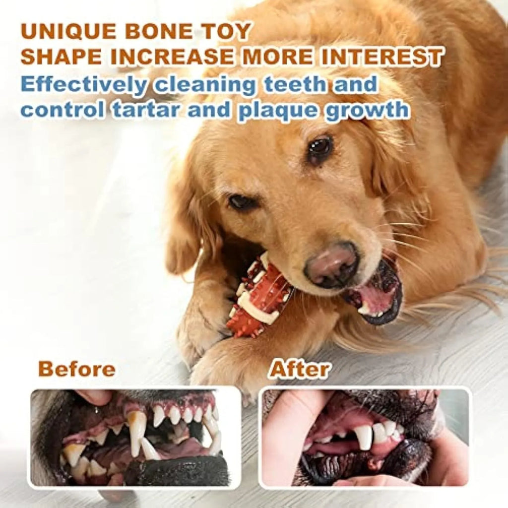 Bone-shaped natural rubber dog dental chew toy for teeth cleaning and anxiety relief in two sizes