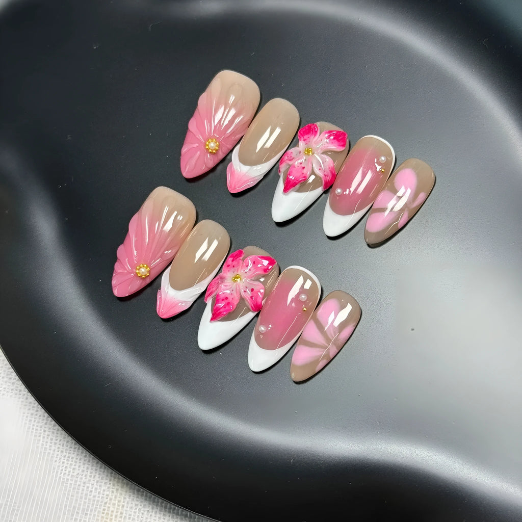 French style false nails with three-dimensional lily ice flower pattern in almond shape