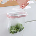 Plastic kitchen garbage bag storage rack in blue or pink for cabinet mounting