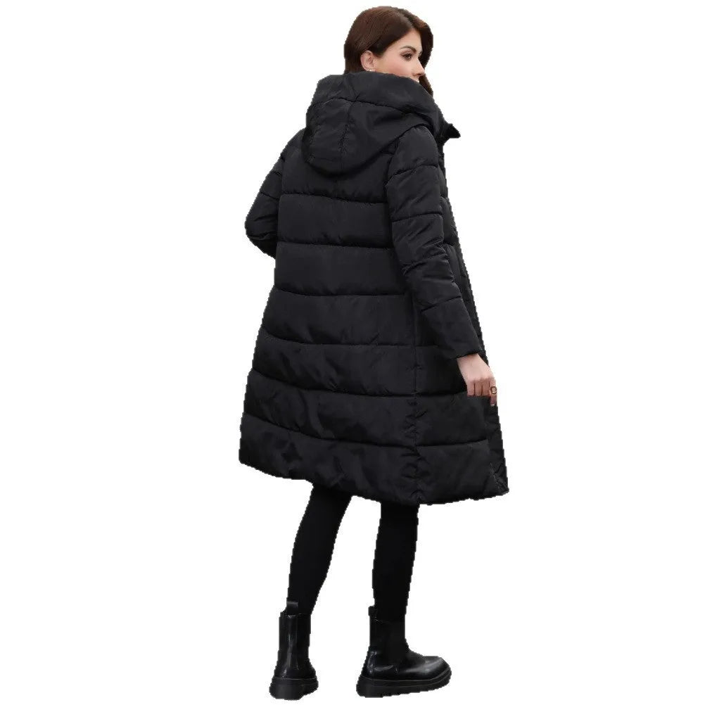 Black slim fit hooded jacket with long sleeves and cold-resistant thickened fabric
