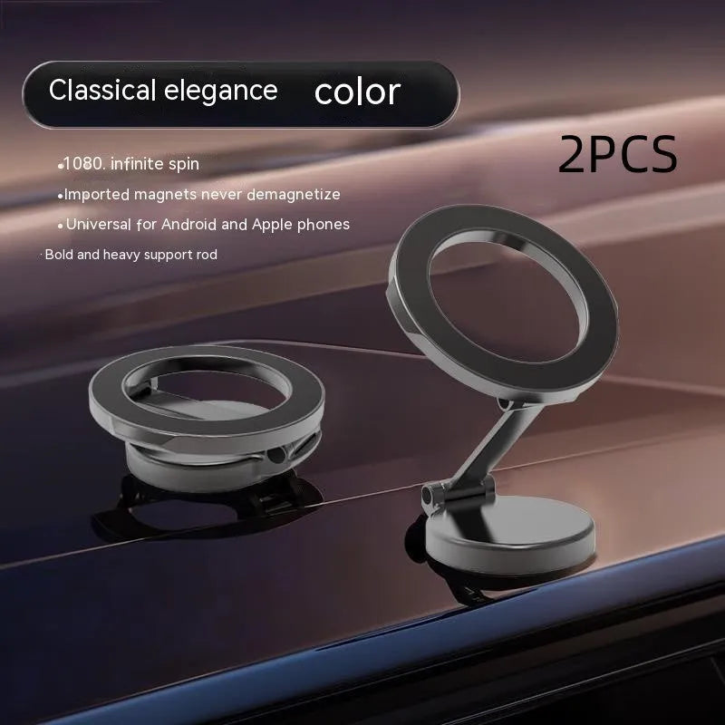 All-metal magnetic car phone mount with foldable design on vehicle dashboard