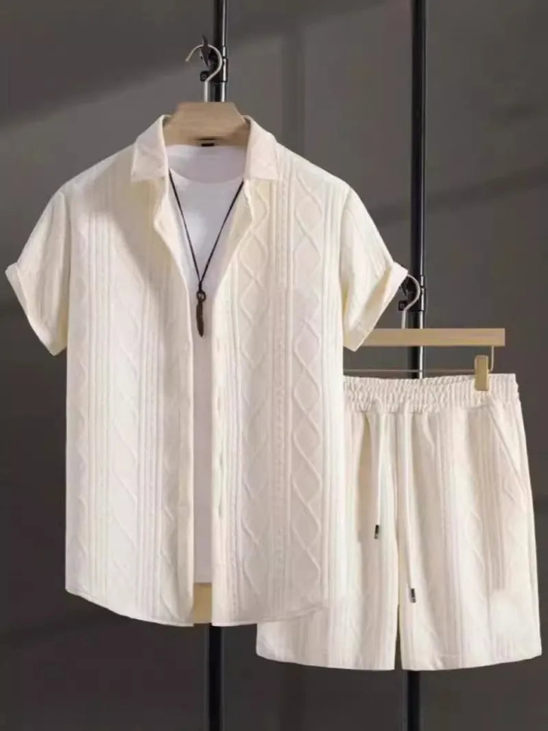Jacquard fabric short-sleeve suit set with matching trousers in black, white, grey or beige