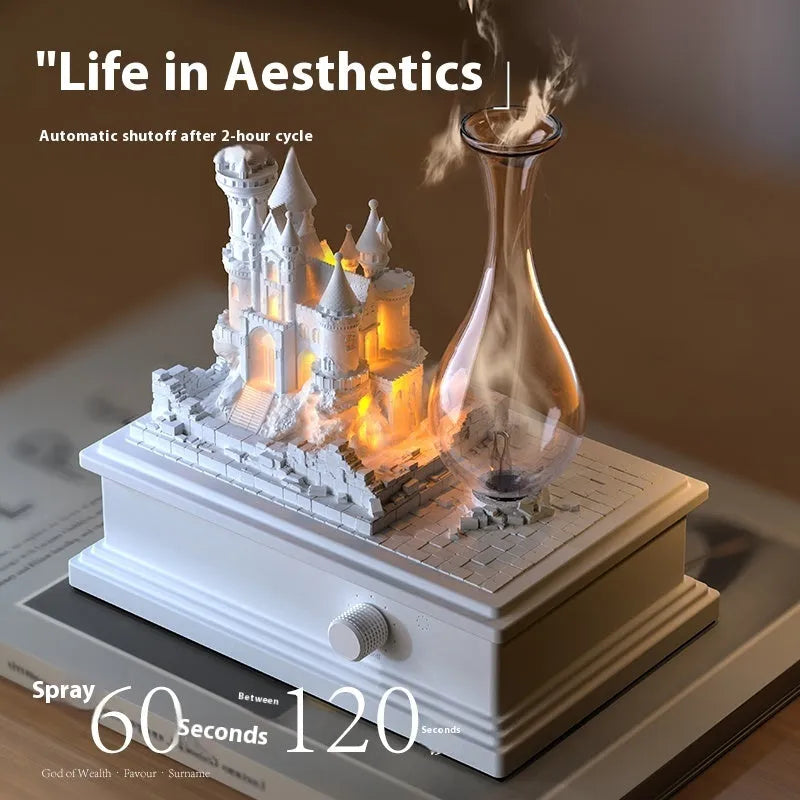 White composite gypsum medieval castle waterless aromatherapy machine with ambient light on a table
