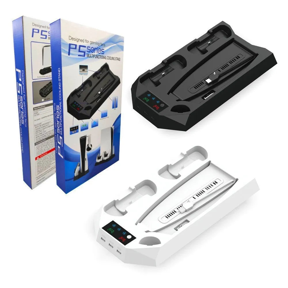 PS5 charging cooling station with dual controller docks and headphone hook in black or white