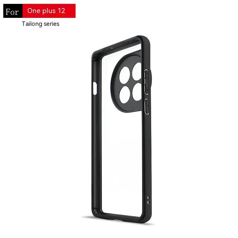 Transparent PC TPU frosted phone case with black border for OnePlus, showing corner airbags and camera cutout