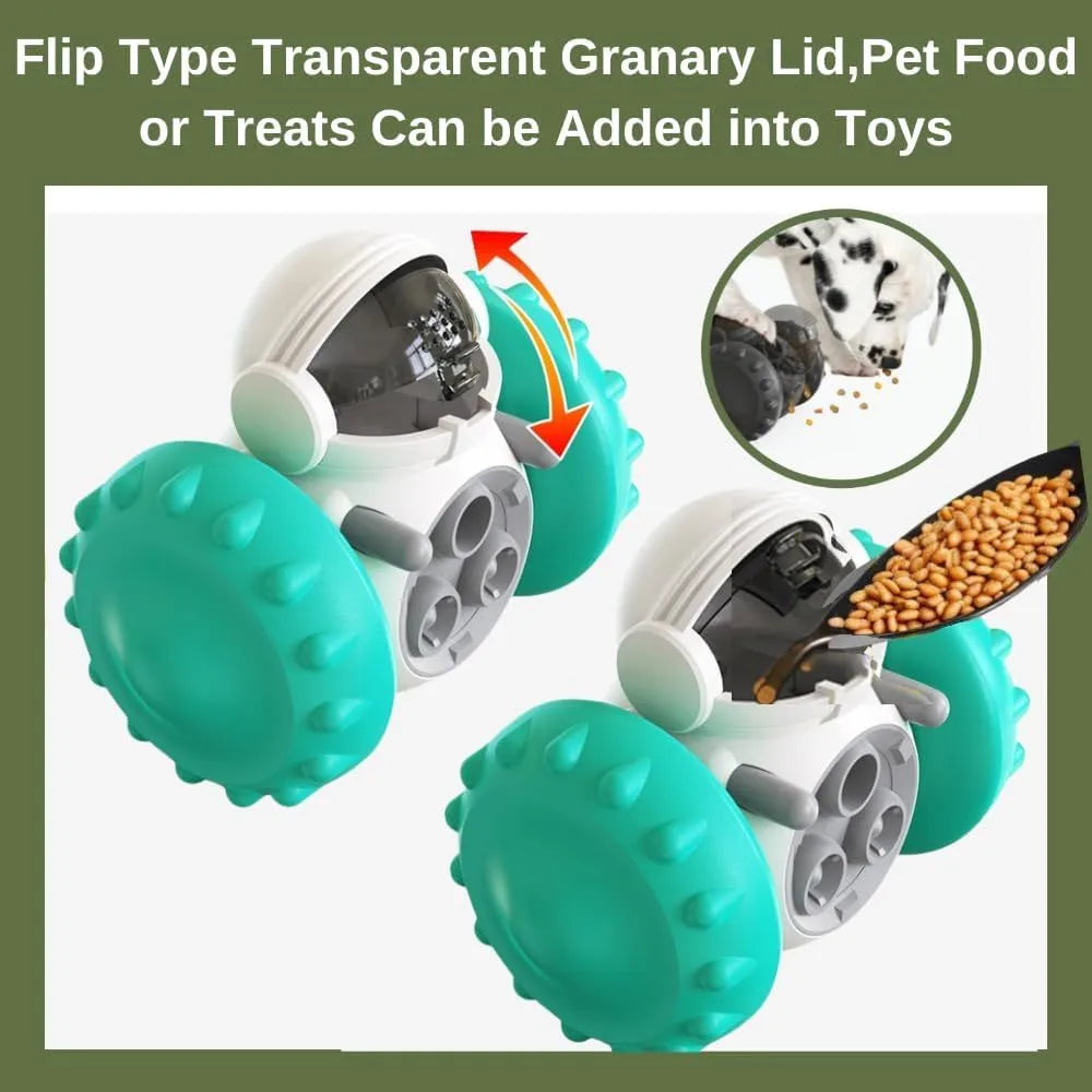 Small dog treat dispenser toy with robot appearance in five colour options showing dimensions