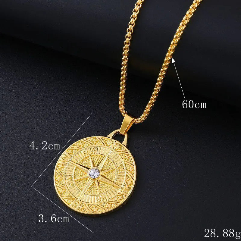 Gold-tone geometric alloy pendant necklace with an inlaid clear zircon stone for women.