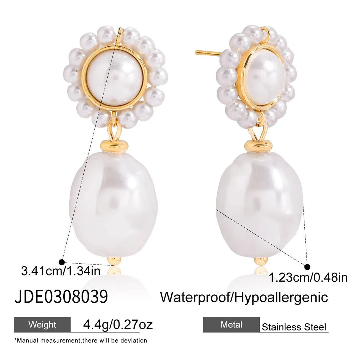 Women's stainless steel light pearl ear studs, geometric shape, electroplated finish, one pair.