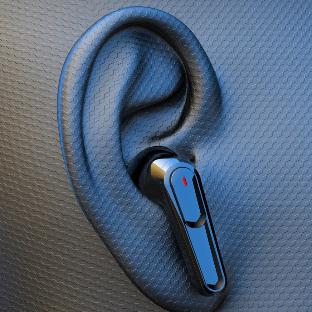 Black in-ear Bluetooth headphones with noise reduction feature.