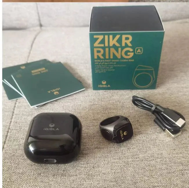 Zikr1 smart ring for Tasbih counting with OLED display showing prayer times