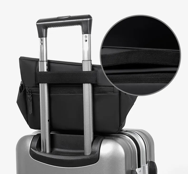 Grey PU leather men's crossbody bag with a shoulder strap, shown with open compartment for phone and documents.