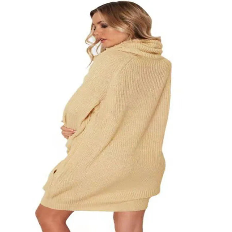 Women's apricot lapel neckline pullover sweater with side pockets showing slim fit and knit texture