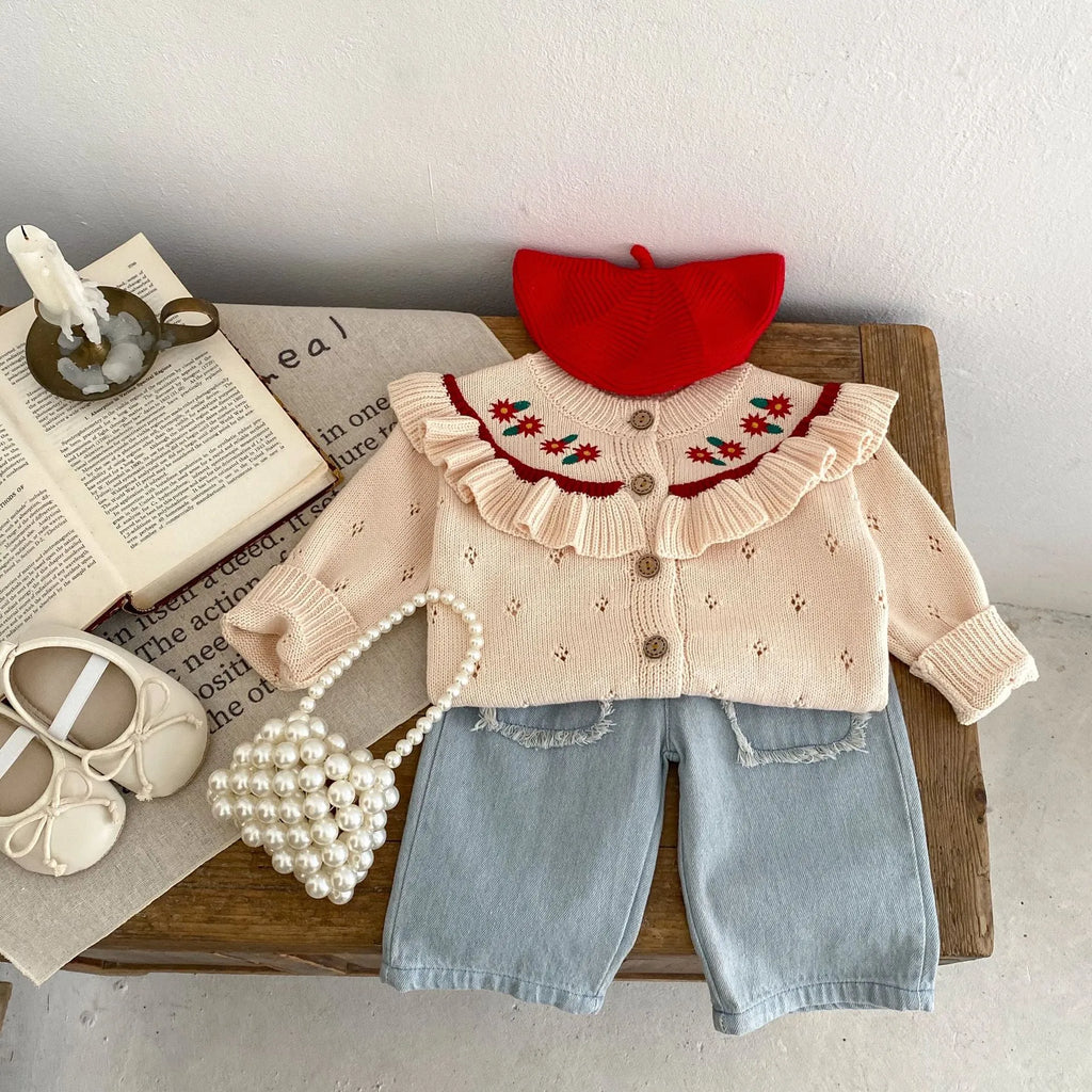 Children's cotton denim cropped pants in denim colour with hairband belt fly opening