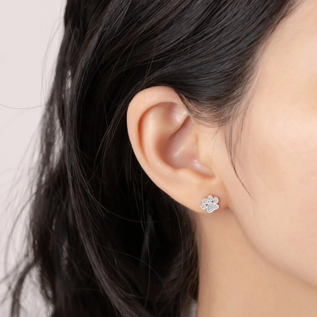 Pair of 925 sterling silver cat's paw stud earrings with full zircon surface, silver colour, 1.5 cm diameter