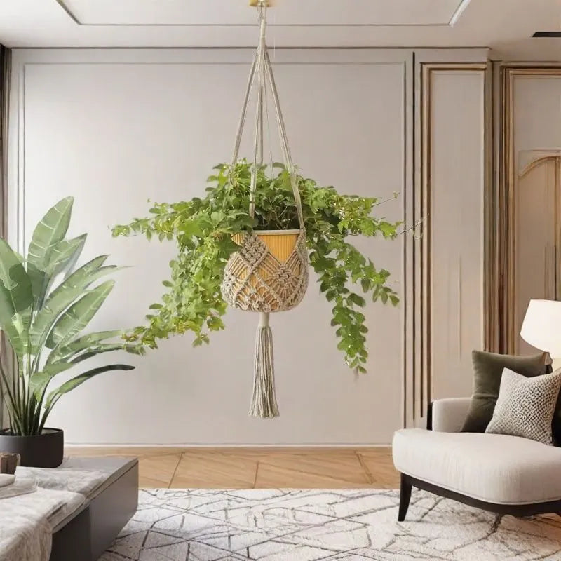 Hand-woven minimalist flower pot in polyester cotton fabric shown in brown colour