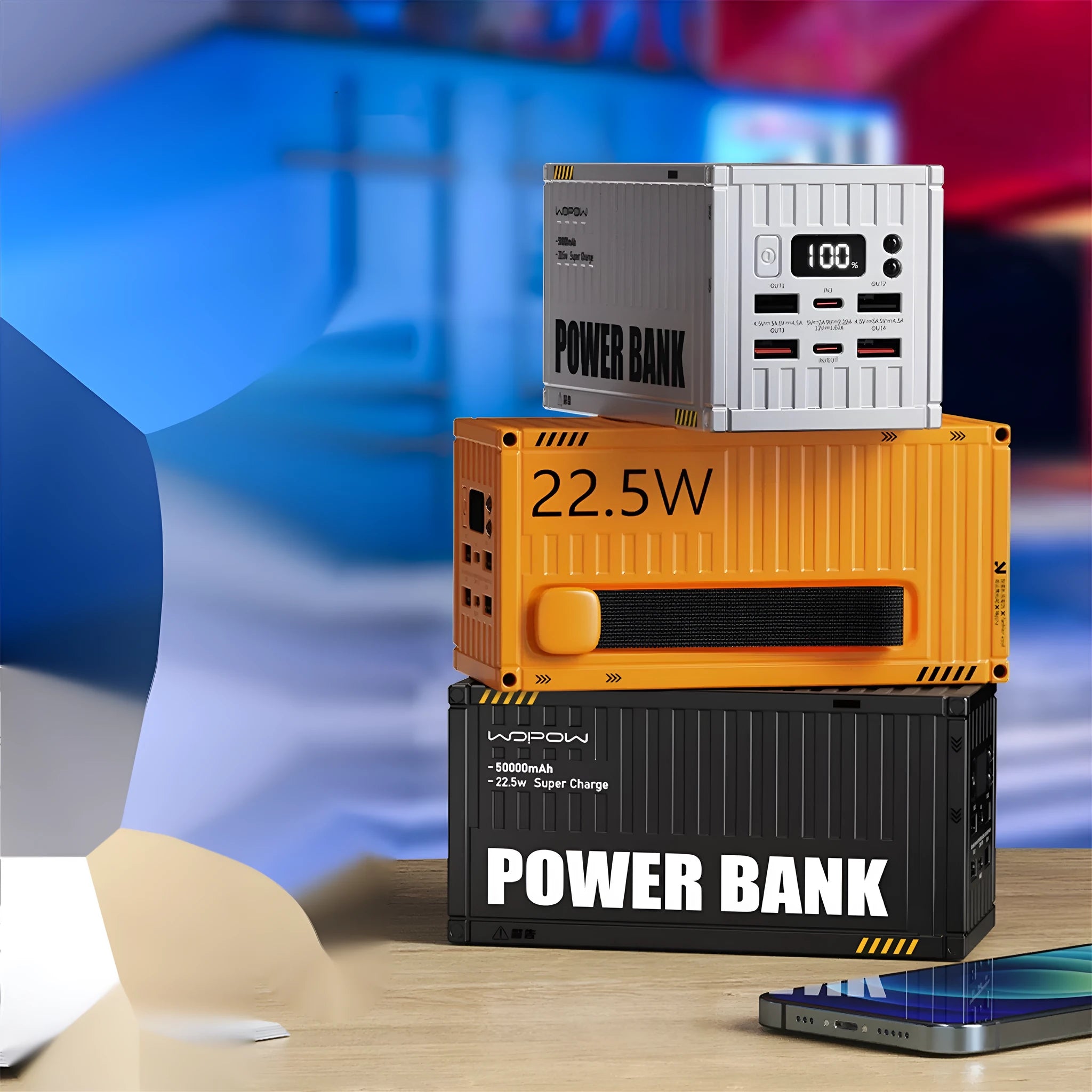 Yellow 50000mAh portable power bank with digital display screen and five USB output ports