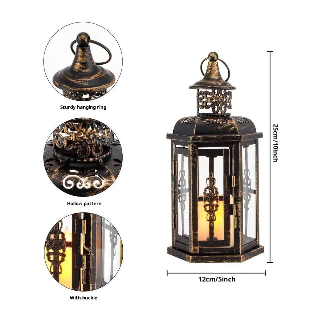 Black retro metal glass candle holder on table with candle, Nordic style decoration for home or event
