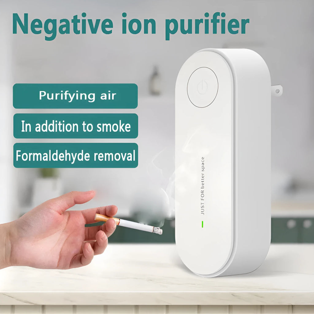 Mini portable air purifier in white with an EU plug, designed for smoke and dust removal