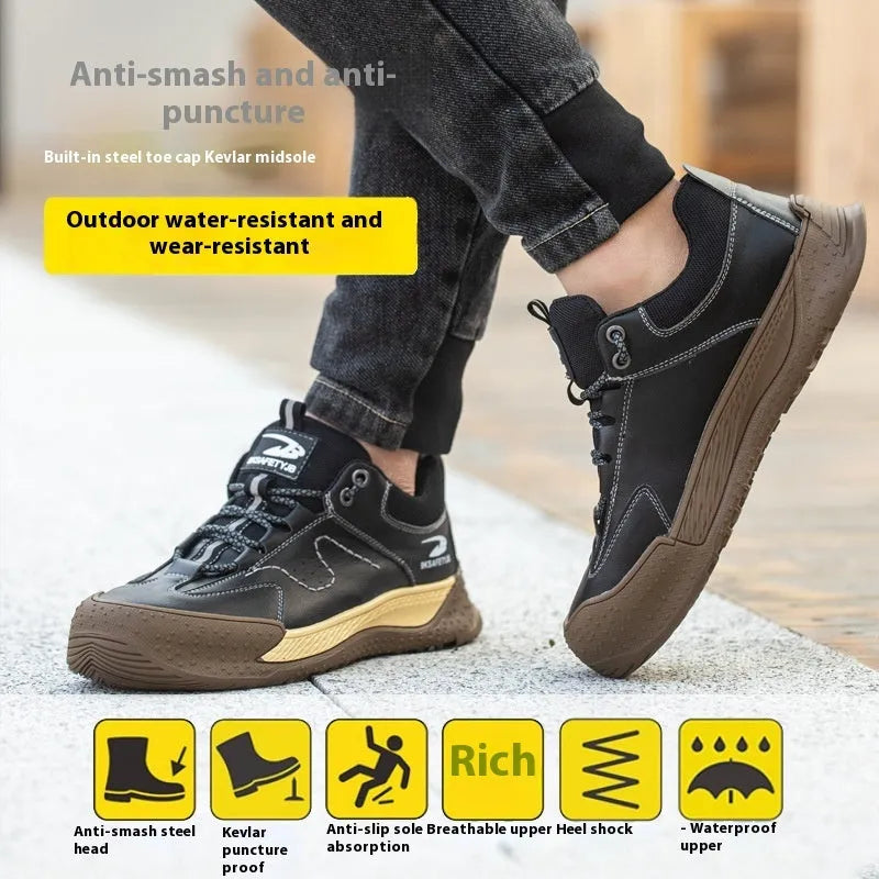 Flyknit safety work shoe with leather upper and rubber sole in black colour