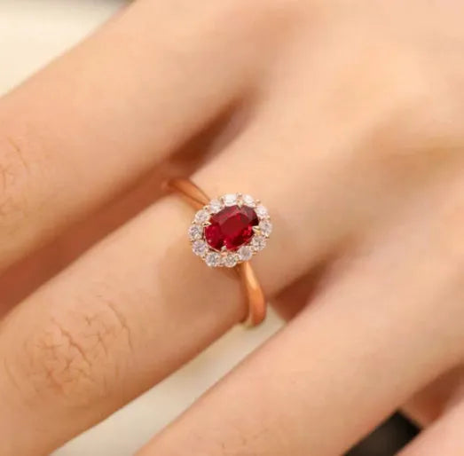 Gold pigeon red blood gemstone sterling silver inlaid ring with floral pattern design for women