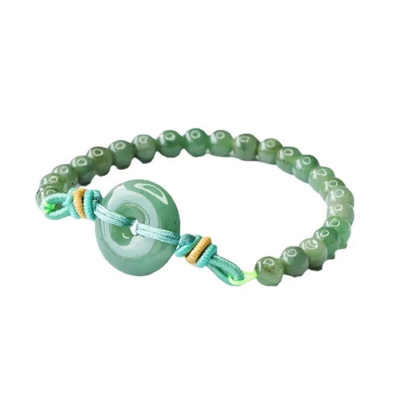 Natural emerald jade safety buckle bracelet with star-shaped buckle, 6mm green beads on adjustable cord