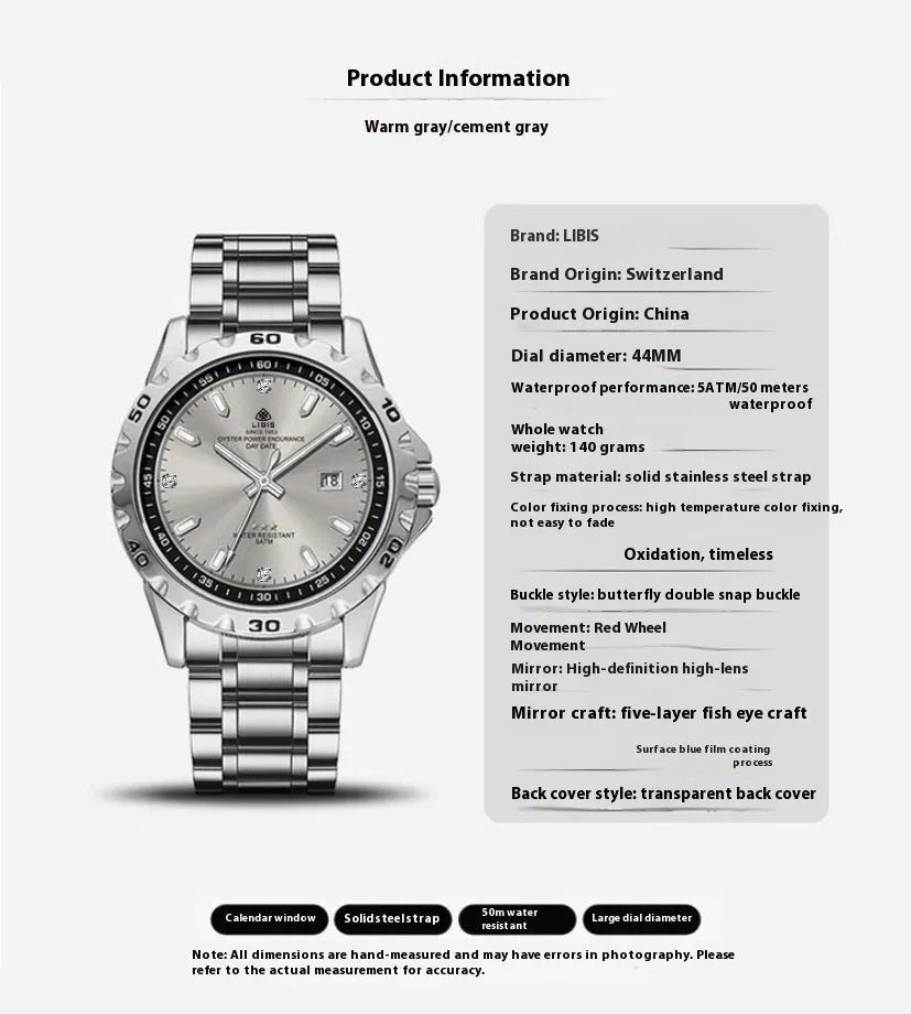 Men's silver business watch with luminous dial and stainless steel strap in black or grey options