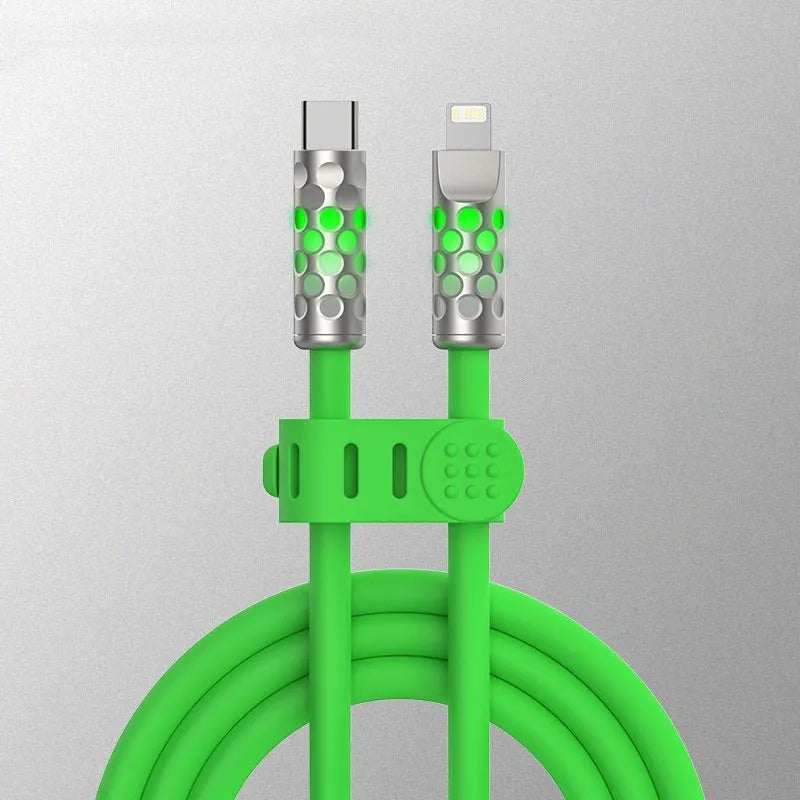 Full Power Fast Charging Liquid Silicone Luminescent Data Cable in silver gray with LED indicator, 1.5 metre length