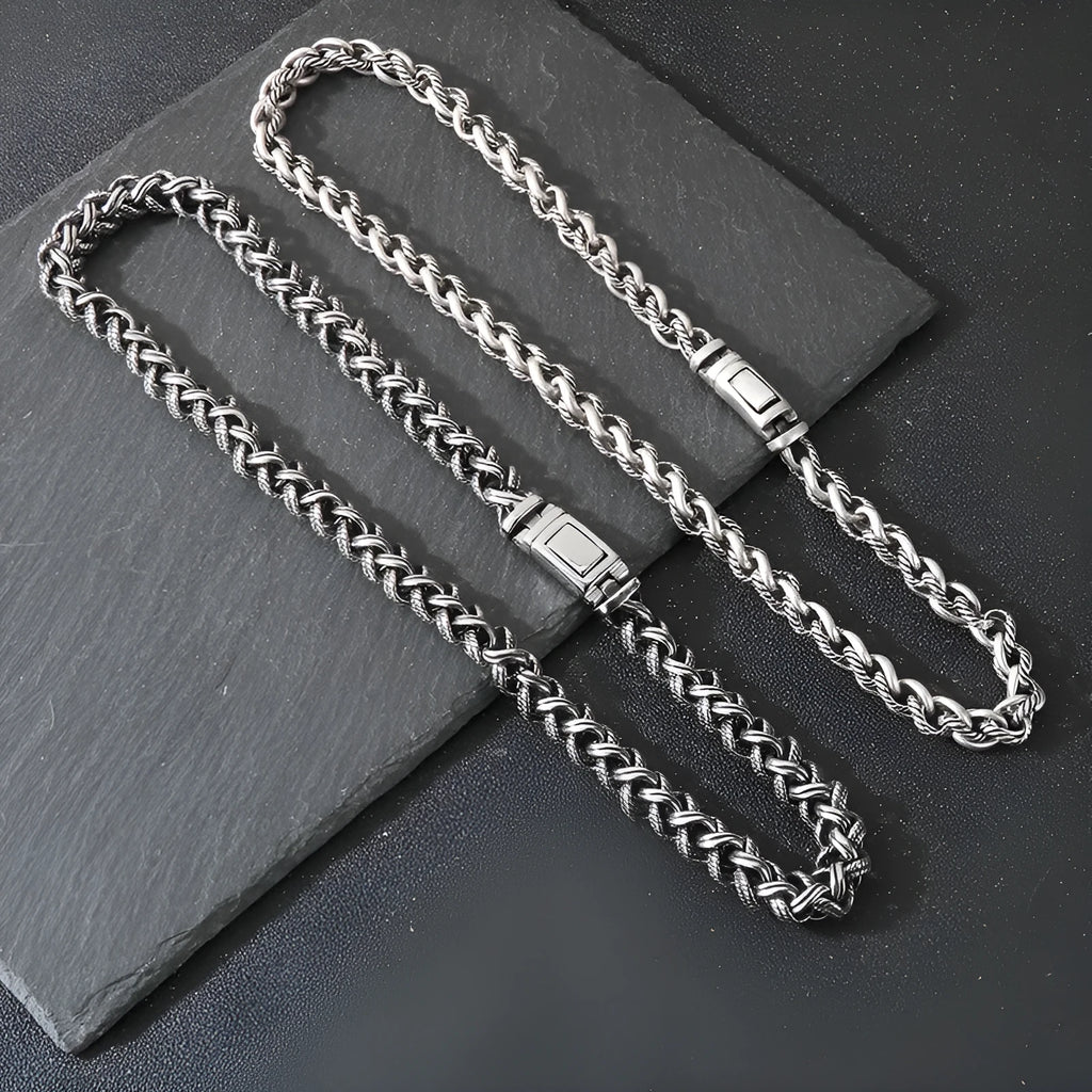Men's titanium steel keel chain necklace with geometric shapes and antique silver finish
