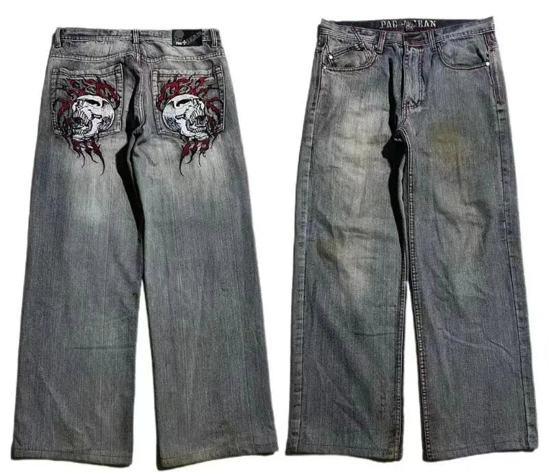 Grey washed-out wide-leg straight jeans on a mid-waist mannequin, showing zipper fly and relaxed fit.