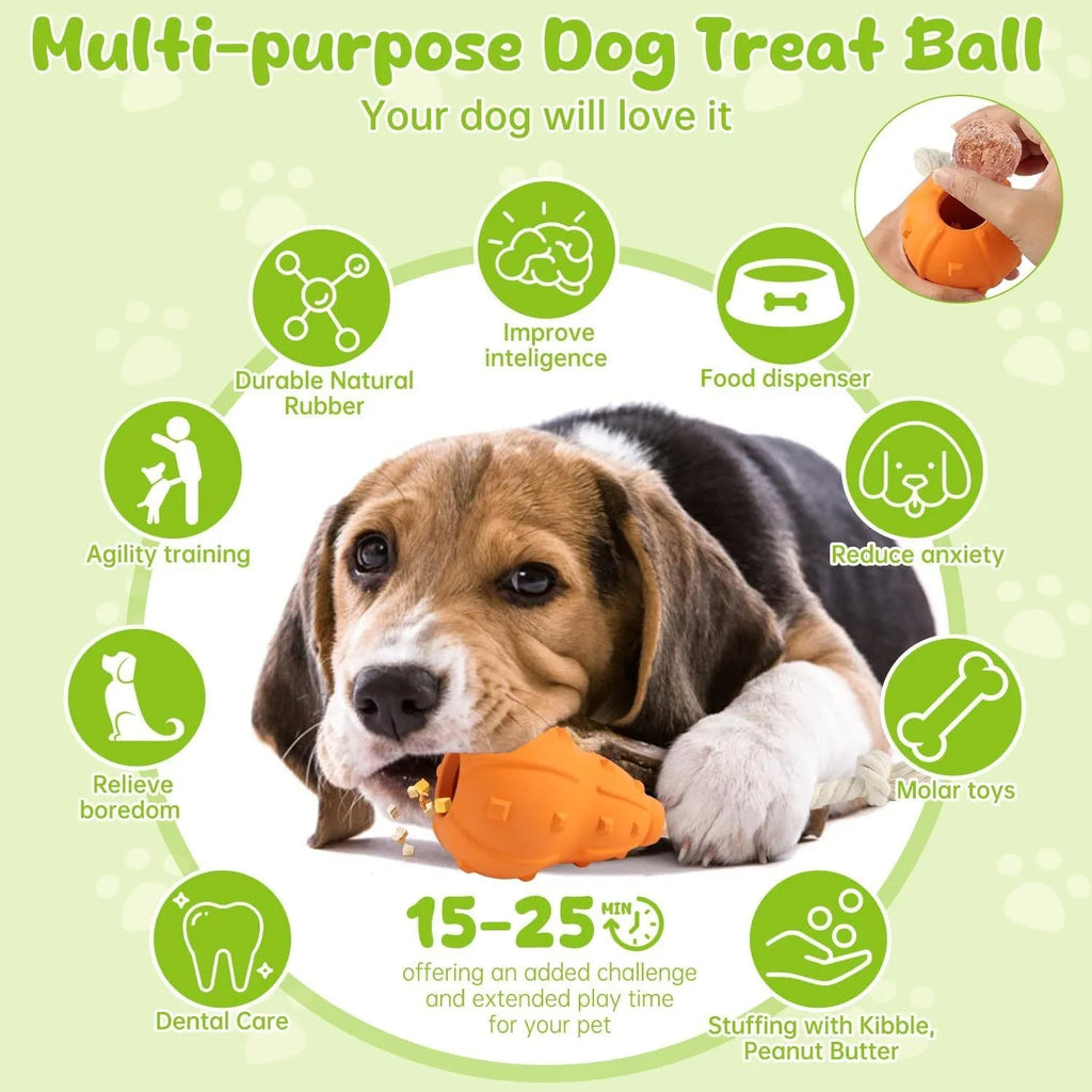 Natural rubber stuffable dog chew toy with longer strap for fetch and treat dispensing.