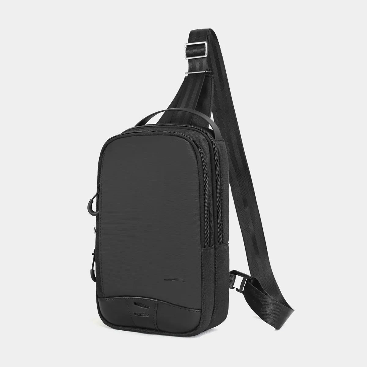 Casual black TPU chest pack with a single shoulder strap, shown in a square vertical shape with a landscape pattern.