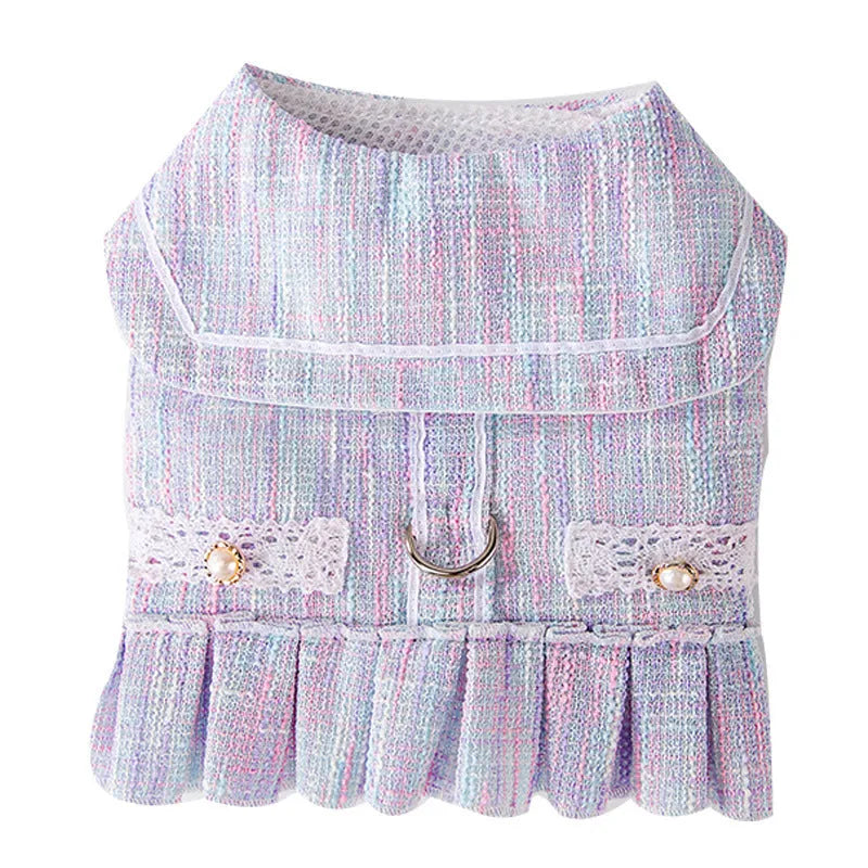 Purple and pink polyester jumper pet clothing for small dogs and cats, shown in sizes S, M, L, XL.