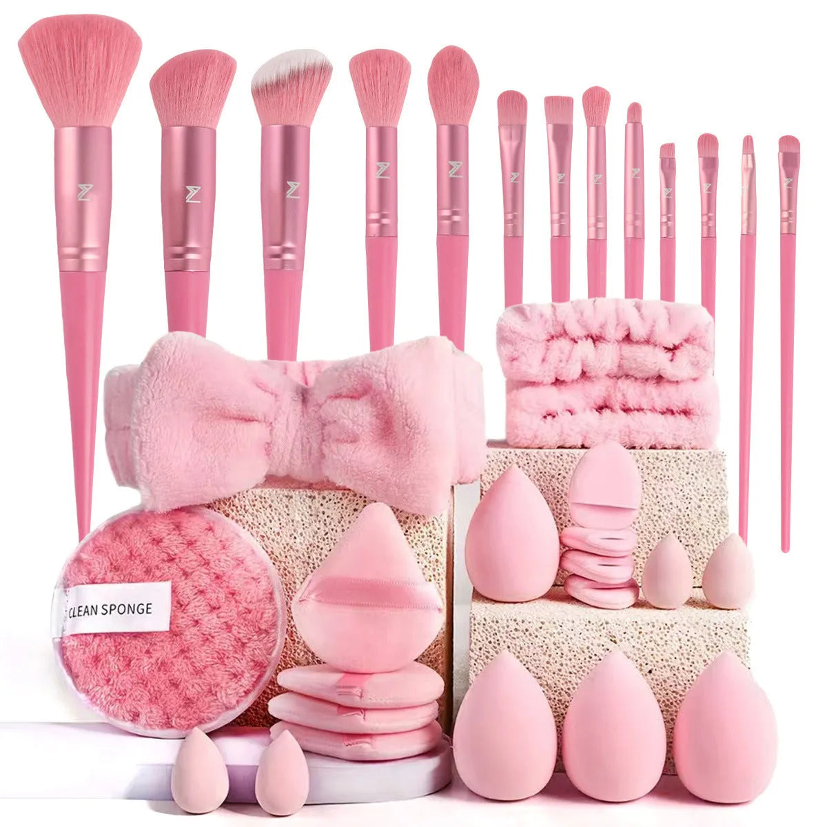 Professional makeup brush set with face wash tools in brown, pink, and purple colour options