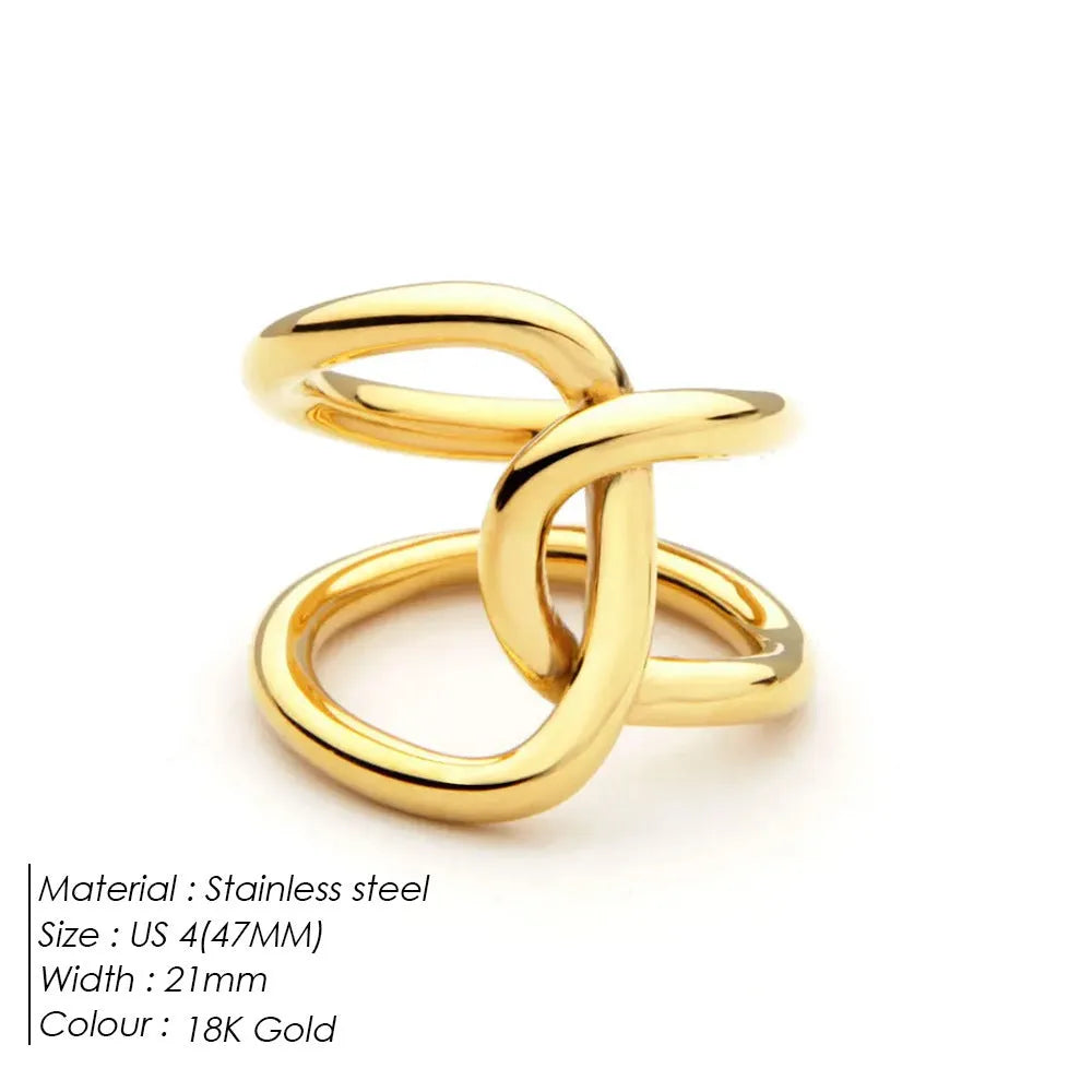 Adjustable geometric ring with knotted design in stainless steel showing U-shaped form and opening mechanism