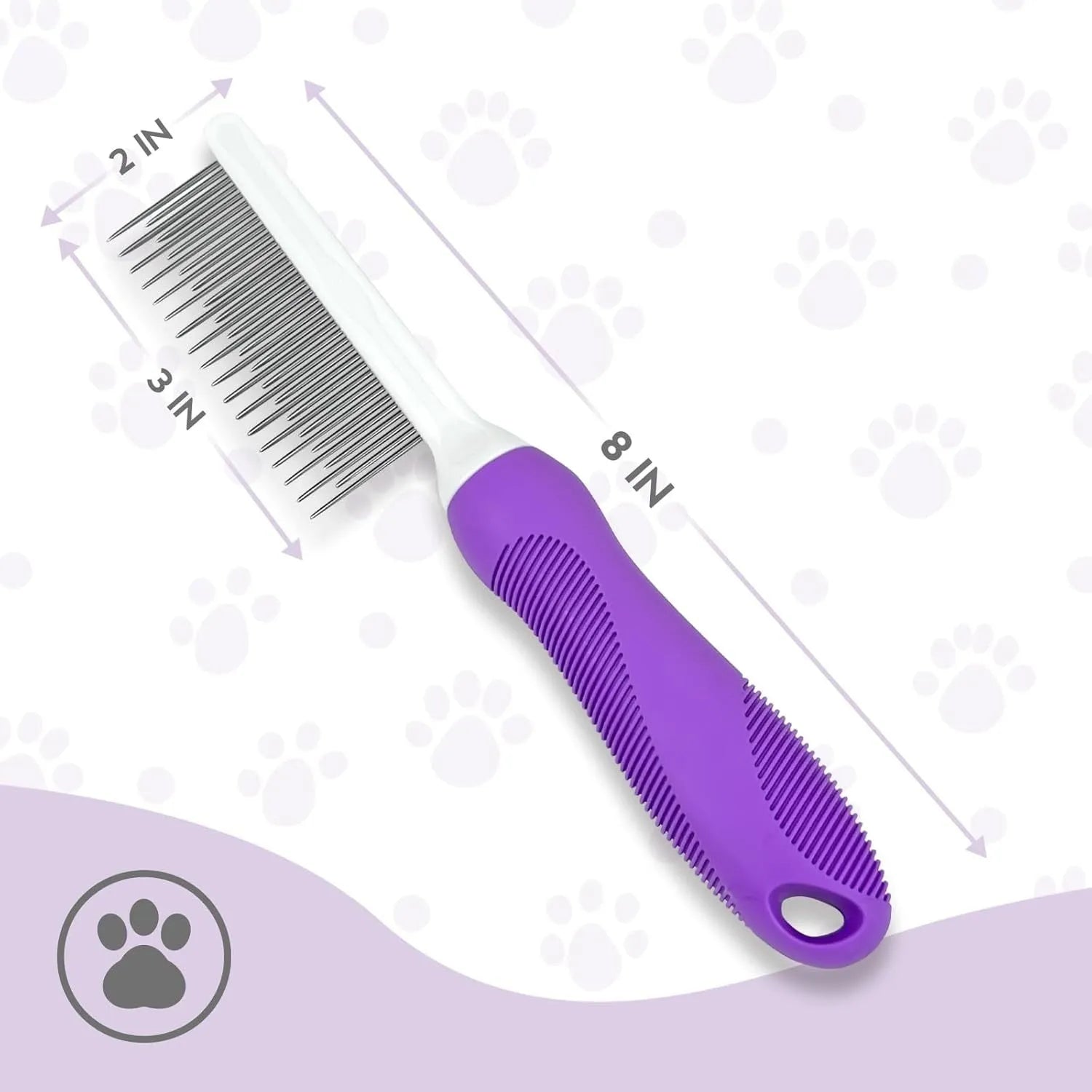 Purple pet grooming comb with stainless steel teeth on ergonomic handle