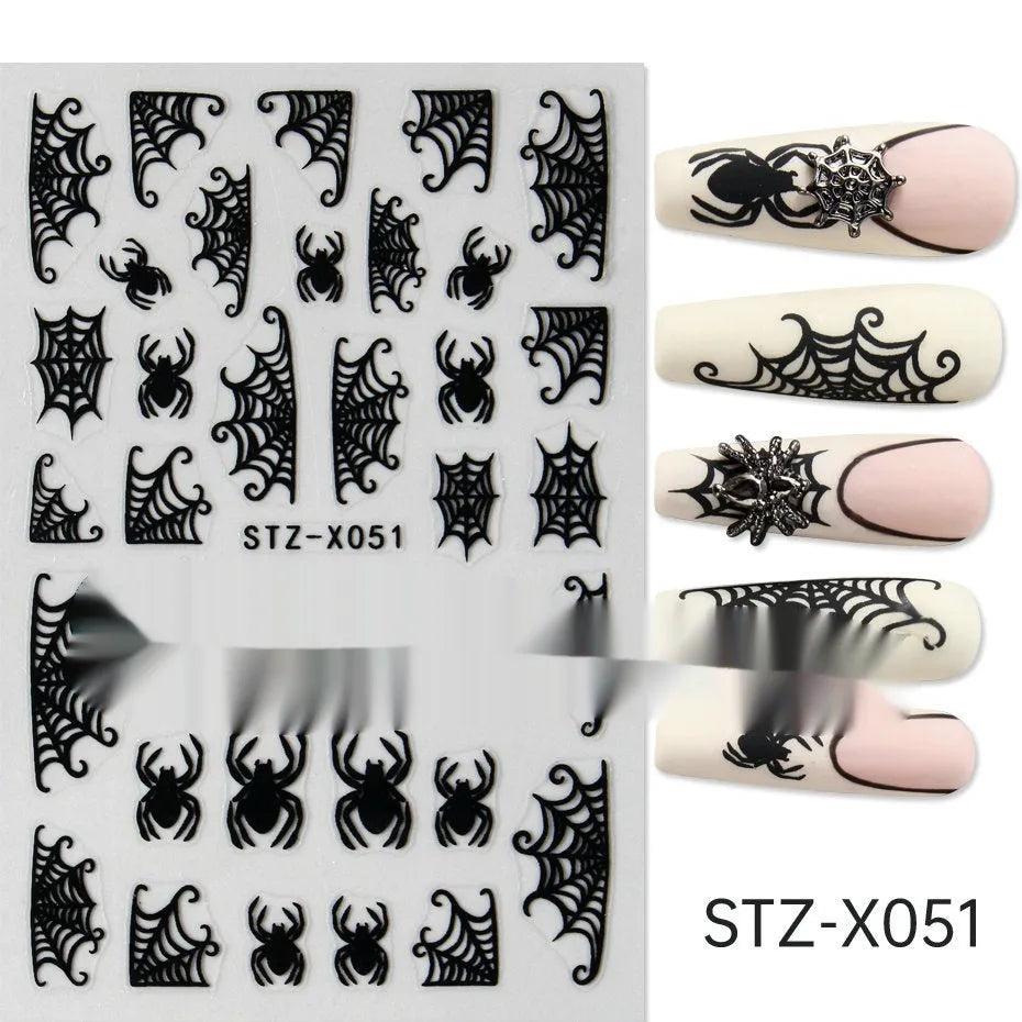 Pack of black and silver strip nail art stickers with cartoon and love pattern designs.