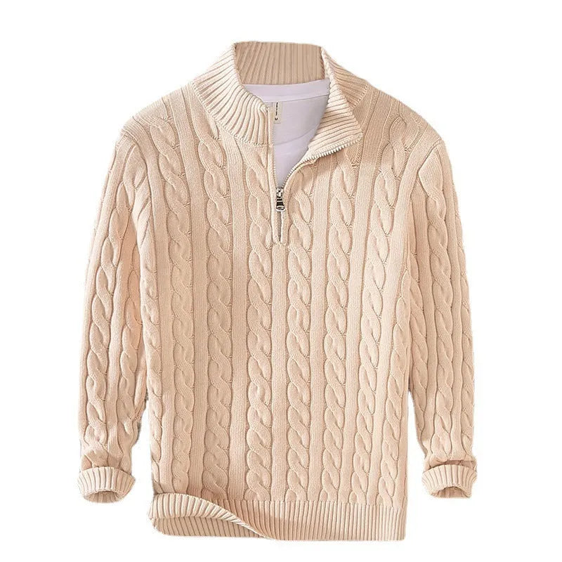 Men's cotton knitted zip pullover sweater in wine red - thick winter loose fit coat with front zip