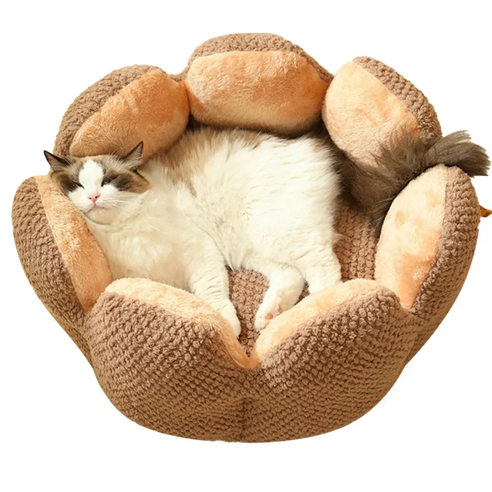Cactus petal shape pet bed in plush material with sheltered design and non-slip base