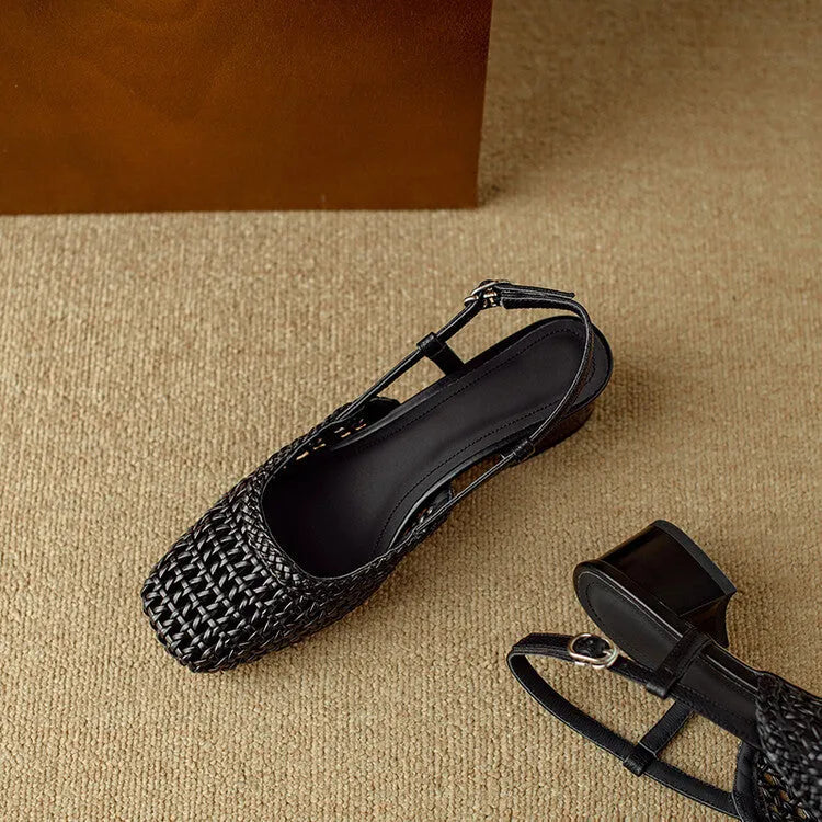 Women's beige woven hollow-out sandals with a square toe, chunky block heel, and adjustable ankle strap buckle.