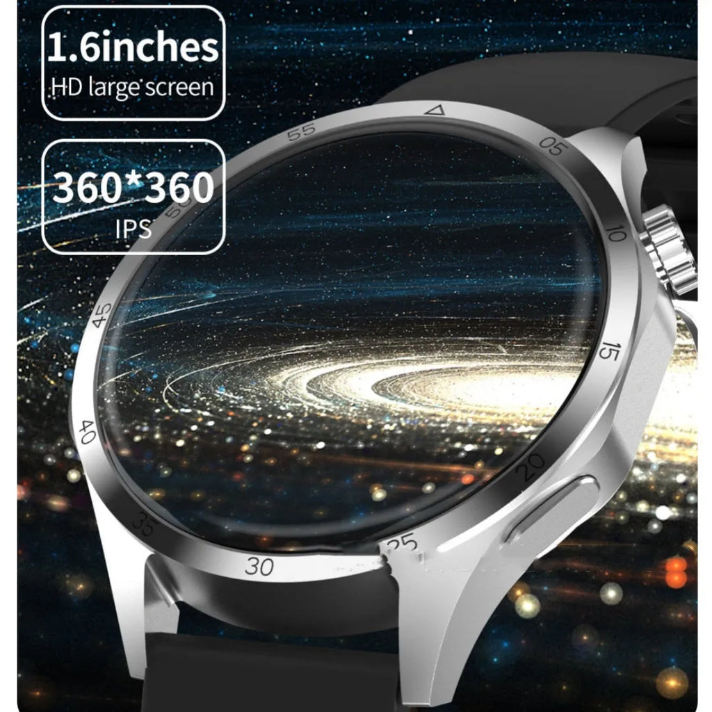 Black Bluetooth smartwatch with a touchscreen display, shown with both silicone and Milanese mesh strap options.