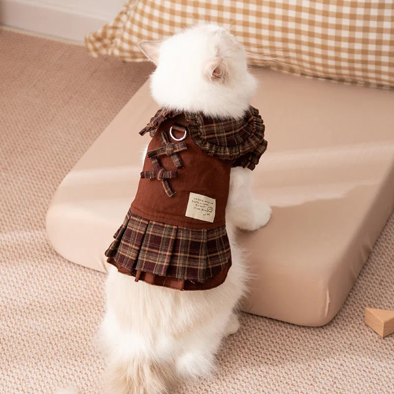 Autumn winter dog skirt with check pattern and thermal wool lining, featuring stretchable knitted fabric for small and medium dogs